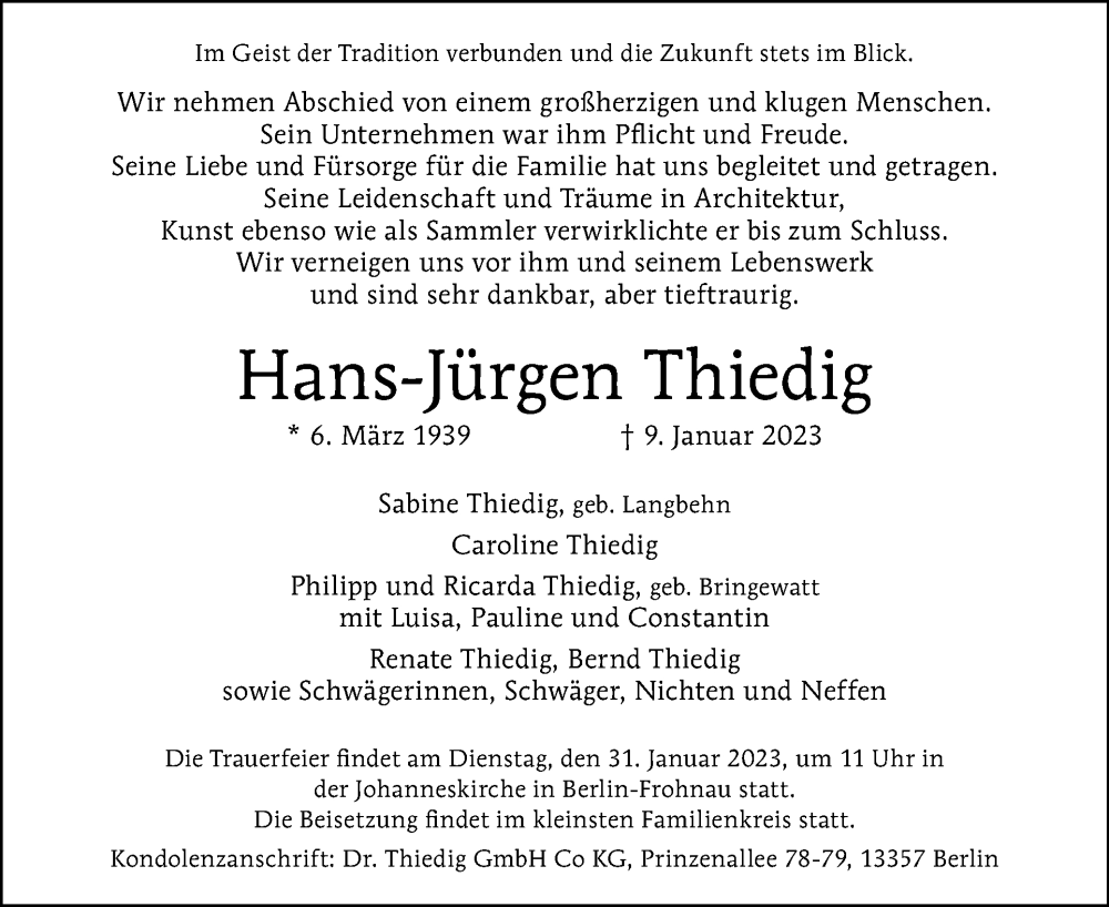  Traueranzeige für Hans-Jürgen Thiedig vom 22.01.2023 aus Tagesspiegel