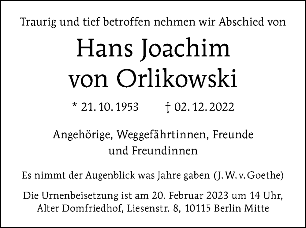  Traueranzeige für Hans Joachim von Orlikowski vom 15.01.2023 aus Tagesspiegel