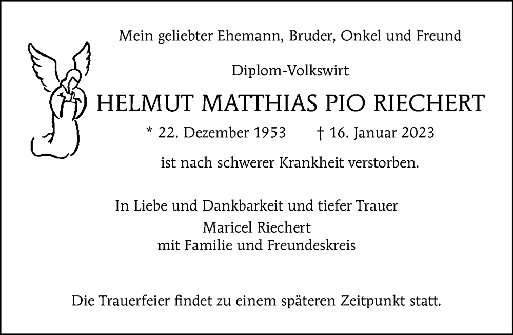  Traueranzeige für Helmut Matthias Pio Riechert vom 22.01.2023 aus Tagesspiegel