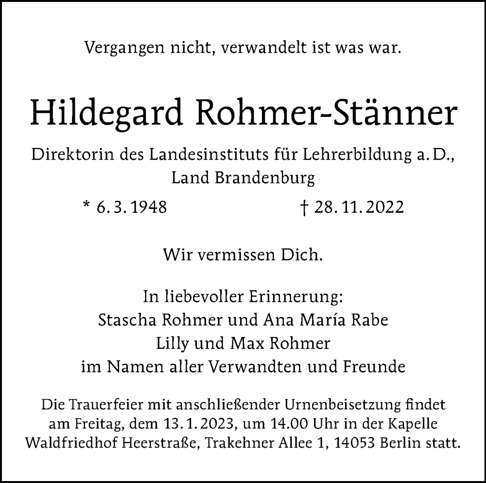  Traueranzeige für Hildegard Rohmer-Stänner vom 11.01.2023 aus Tagesspiegel