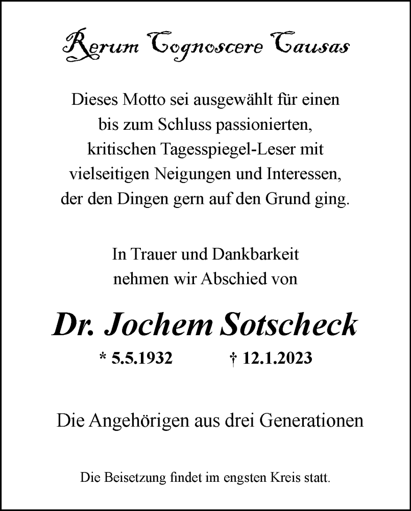  Traueranzeige für Jochem Sotscheck vom 22.01.2023 aus Tagesspiegel