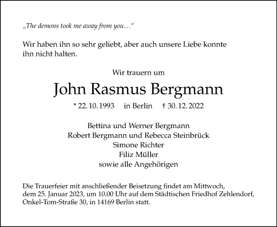 Traueranzeige von John Rasmus Bergmann von Tagesspiegel