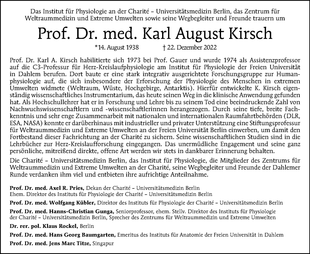  Traueranzeige für Karl August Kirsch vom 08.01.2023 aus Tagesspiegel