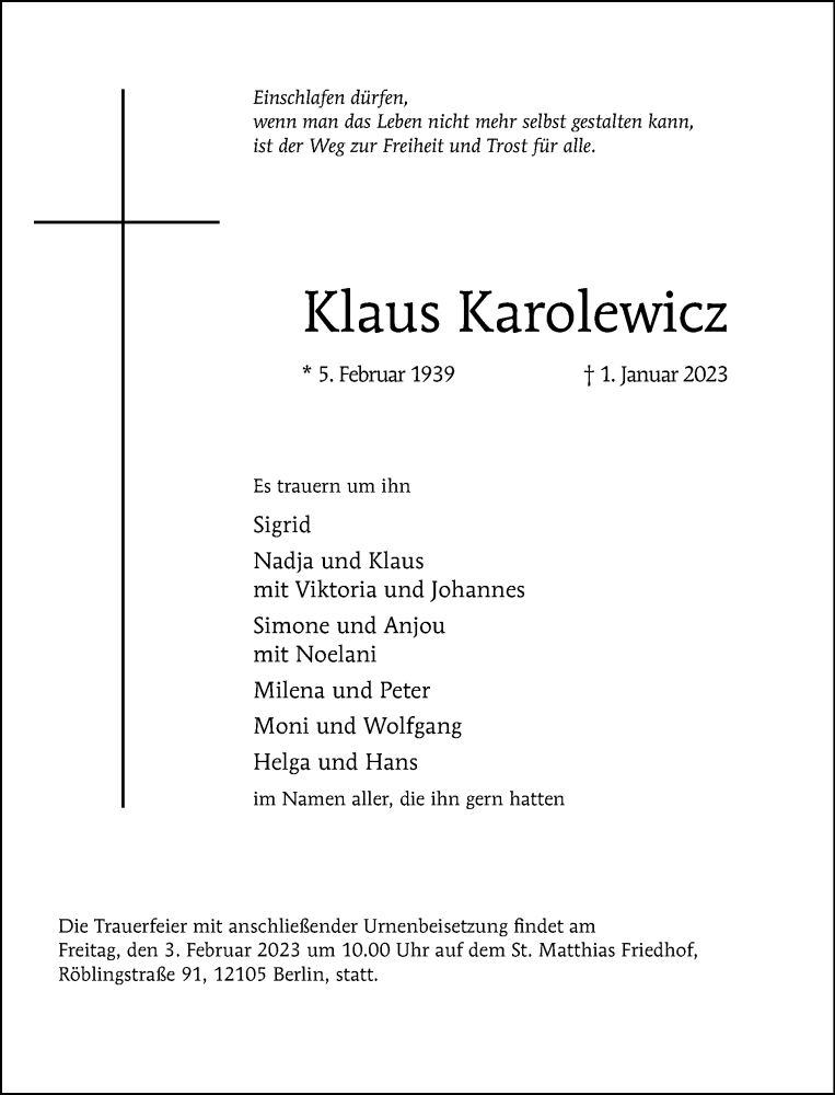  Traueranzeige für Klaus Karolewicz vom 22.01.2023 aus Tagesspiegel