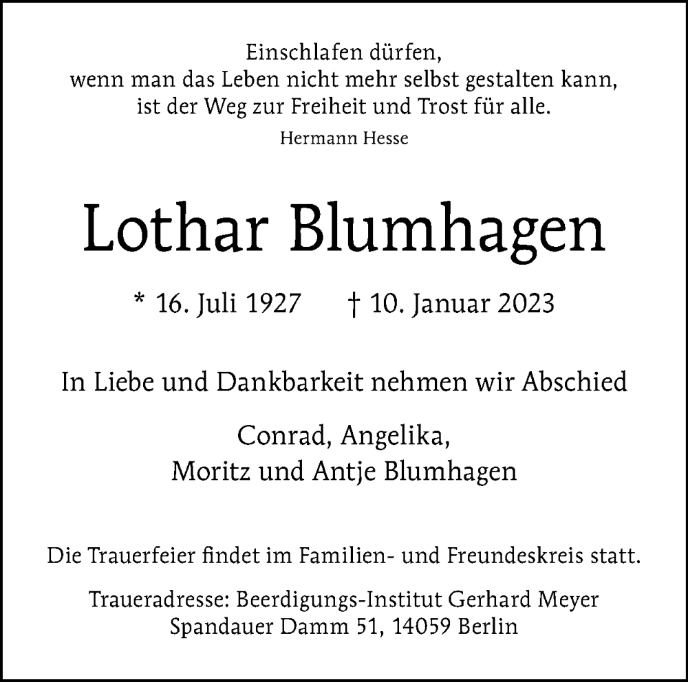  Traueranzeige für Lothar Blumhagen vom 15.01.2023 aus Tagesspiegel