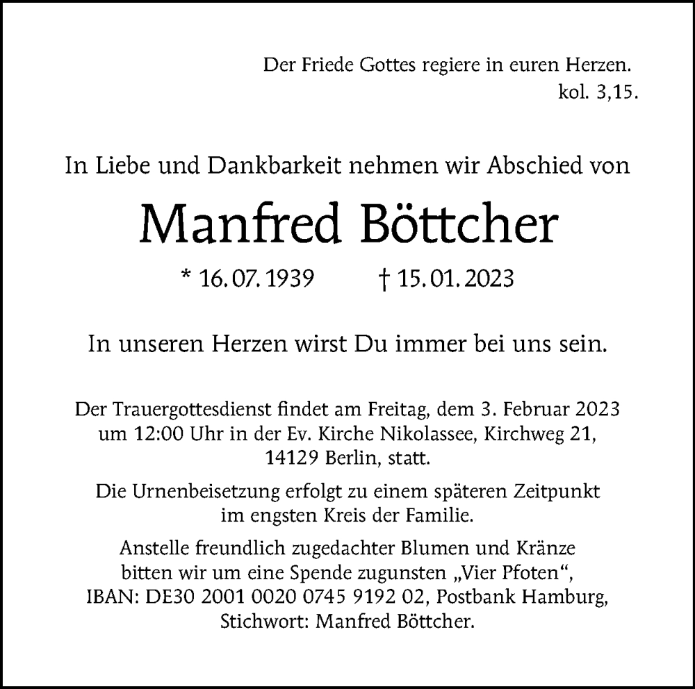  Traueranzeige für Manfred Böttcher vom 22.01.2023 aus Tagesspiegel