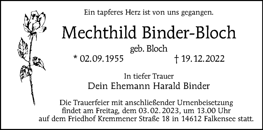  Traueranzeige für Mechthild Binder-Bloch vom 08.01.2023 aus Tagesspiegel