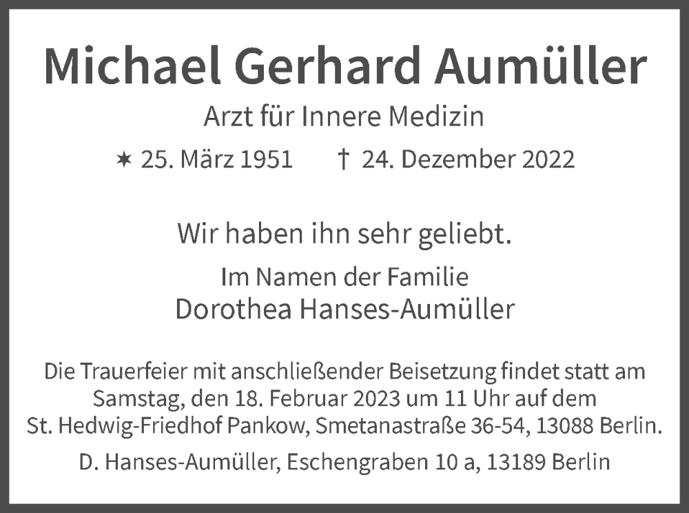  Traueranzeige für Michael Gerhard Aumüller vom 08.01.2023 aus Tagesspiegel