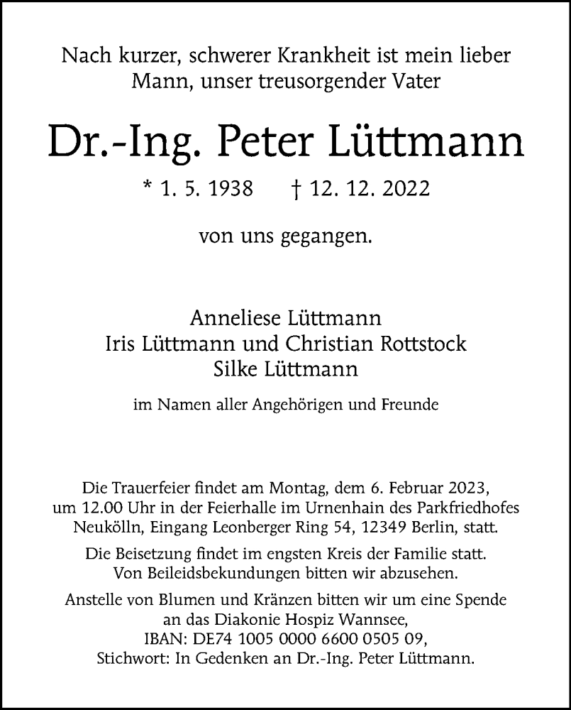  Traueranzeige für Peter Lüttmann vom 08.01.2023 aus Tagesspiegel