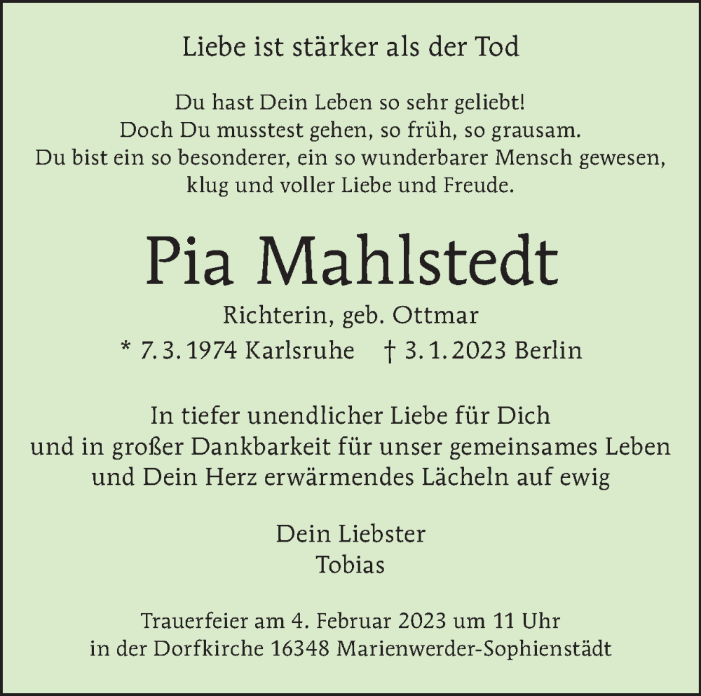  Traueranzeige für Pia Mahlstedt vom 15.01.2023 aus Tagesspiegel