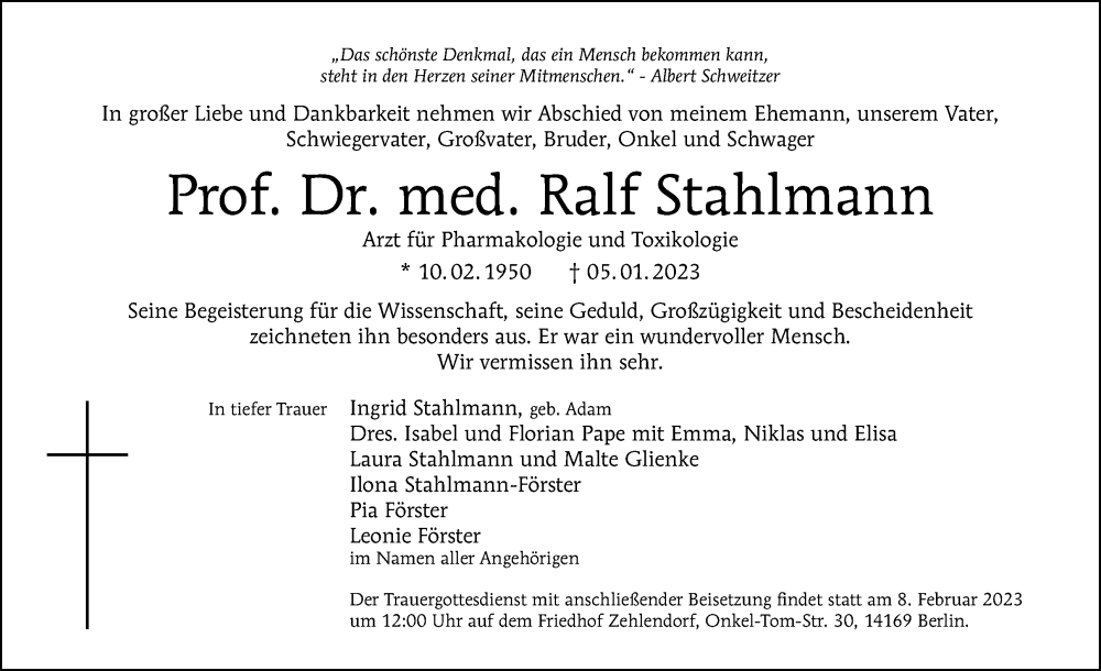  Traueranzeige für Ralf Stahlmann vom 22.01.2023 aus Tagesspiegel