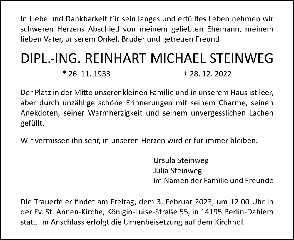  Traueranzeige für Reinhart Michael Steinweg vom 22.01.2023 aus Tagesspiegel