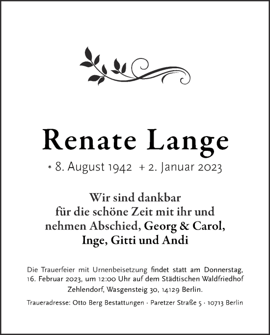 Traueranzeige von Renate Lange von Tagesspiegel