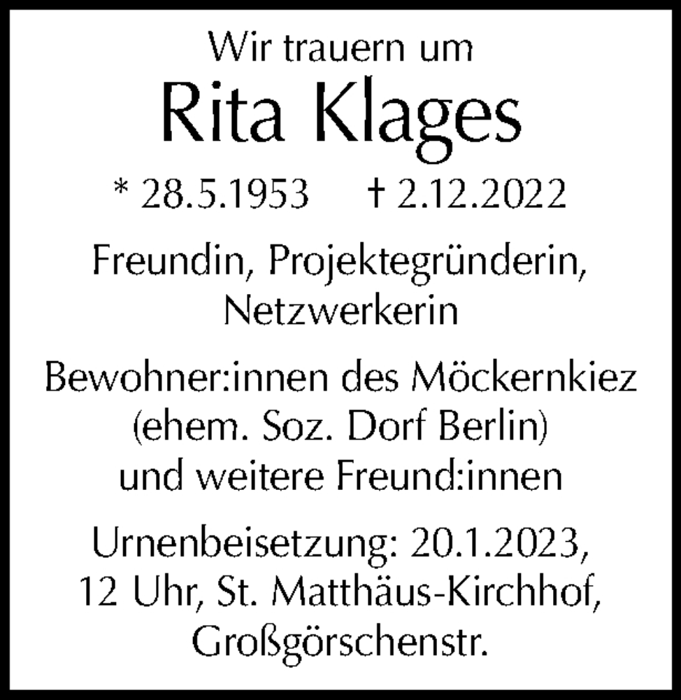  Traueranzeige für Rita Klages vom 08.01.2023 aus Tagesspiegel