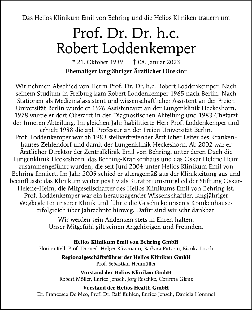  Traueranzeige für Robert Loddenkemper vom 29.01.2023 aus Tagesspiegel