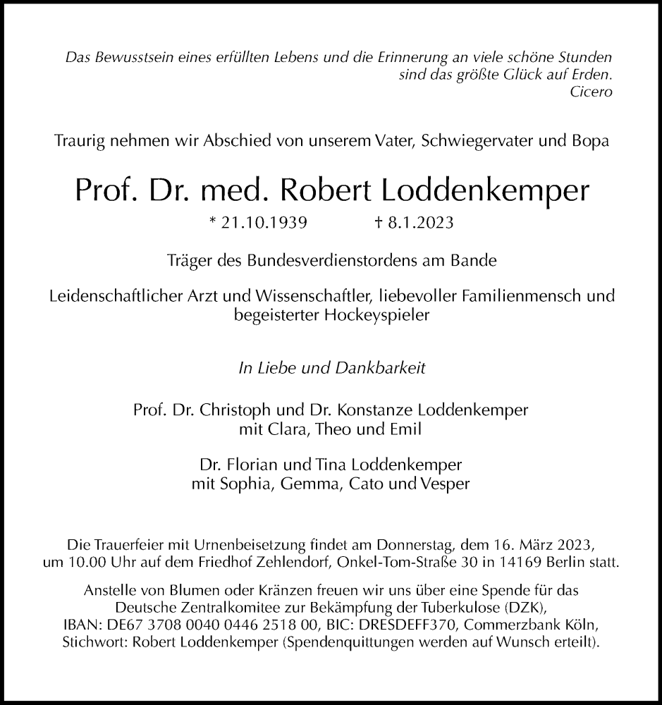  Traueranzeige für Robert Loddenkemper vom 29.01.2023 aus Tagesspiegel