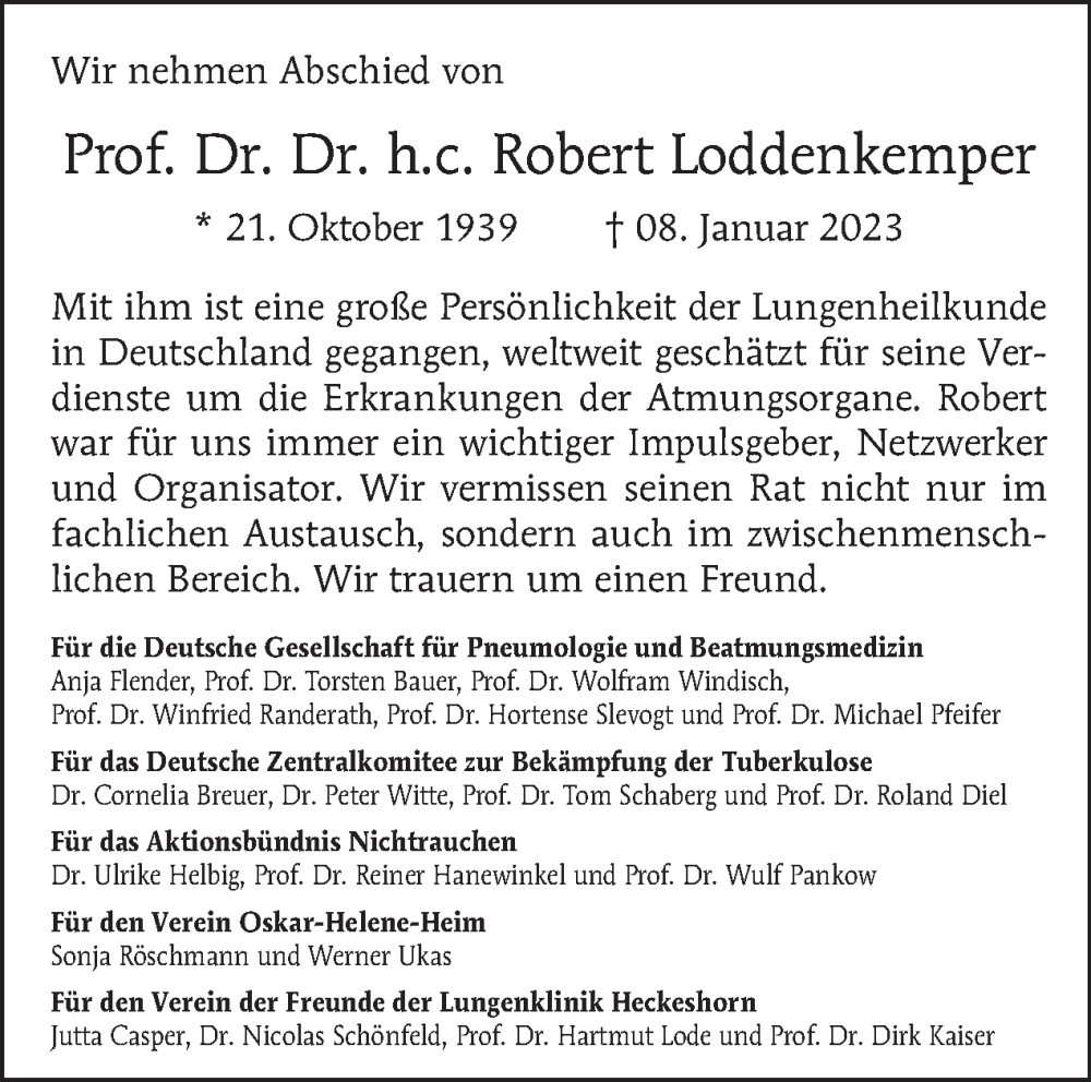  Traueranzeige für Robert Loddenkemper vom 29.01.2023 aus Tagesspiegel