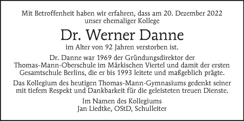  Traueranzeige für Werner Danne vom 08.01.2023 aus Tagesspiegel