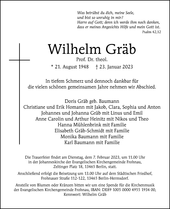 Traueranzeige von Wilhelm Gräb von Tagesspiegel
