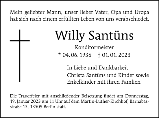 Traueranzeige von Willy Santüns von Tagesspiegel