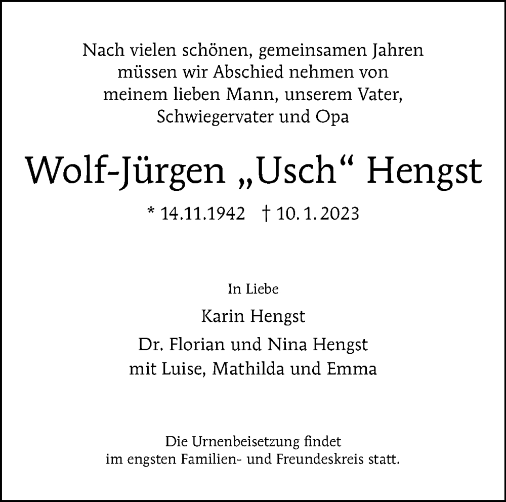  Traueranzeige für Wolf-Jürgen Hengst vom 22.01.2023 aus Tagesspiegel