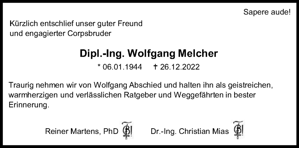  Traueranzeige für Wolfgang Melcher vom 22.01.2023 aus Tagesspiegel