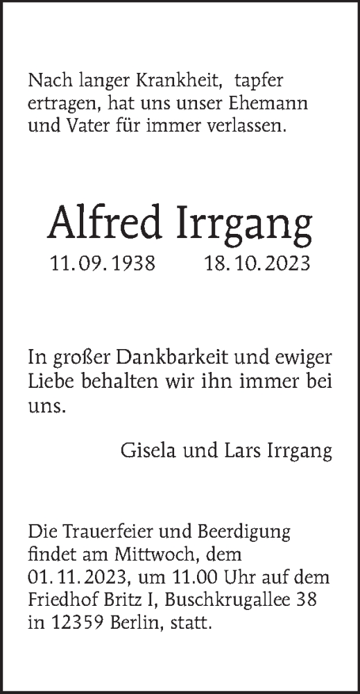 Traueranzeige von Alfred Irrgang von Tagesspiegel