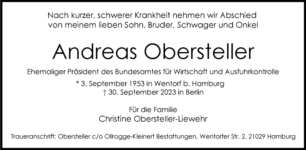  Traueranzeige für Andreas Obersteller vom 15.10.2023 aus Tagesspiegel