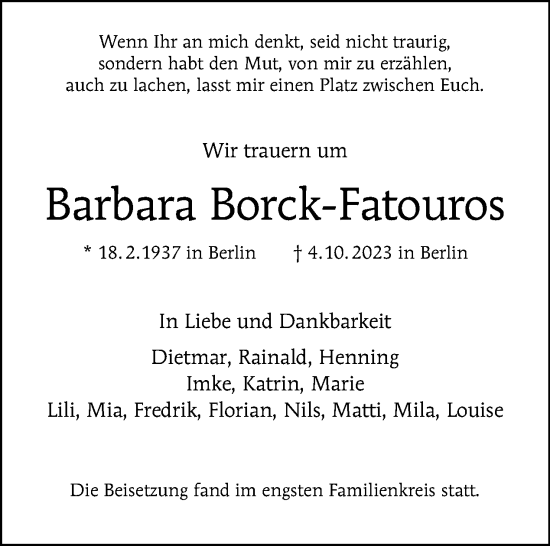 Traueranzeige von Barbara Borck-Fatouros von Tagesspiegel