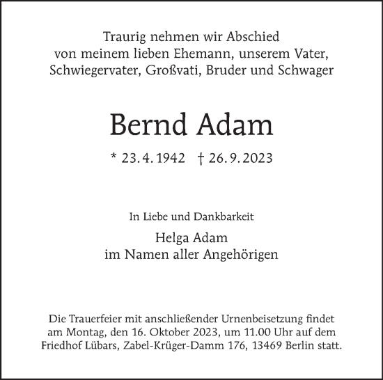 Traueranzeige von Bernd Adam von Tagesspiegel