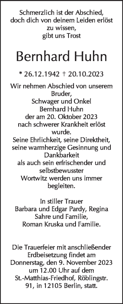 Traueranzeige von Bernhard Huhn von Tagesspiegel