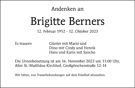 Traueranzeige von Brigitte Berners von Tagesspiegel