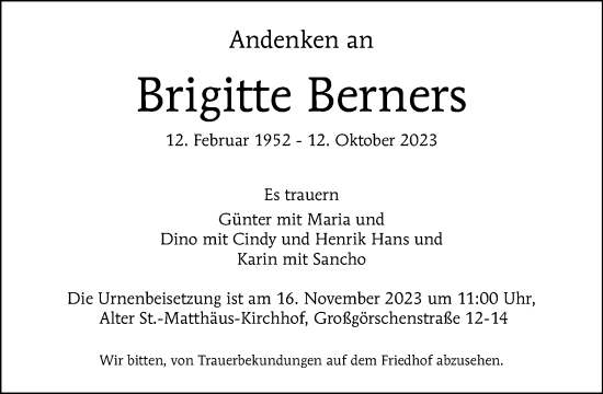 Traueranzeige von Brigitte Berners von Tagesspiegel