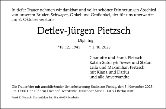 Traueranzeige von Detlev-Jürgen Pietzsch von Tagesspiegel