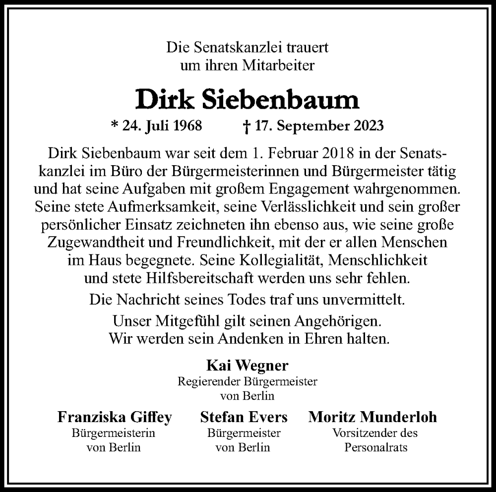  Traueranzeige für Dirk Siebenbaum vom 01.10.2023 aus Tagesspiegel