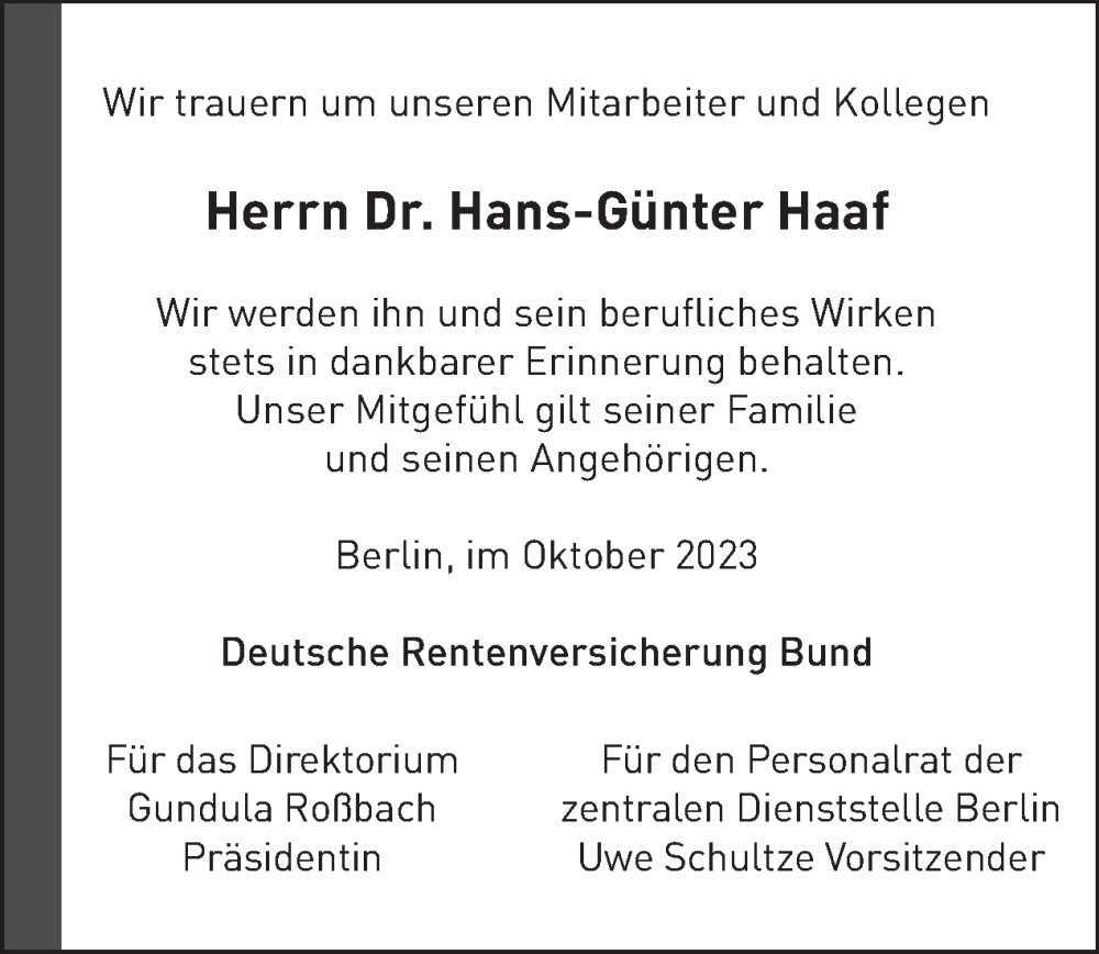  Traueranzeige für Hans-Günter Haaf vom 14.10.2023 aus Tagesspiegel