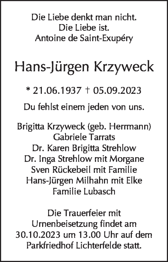  Traueranzeige für Hans-Jürgen Krzyweck vom 08.10.2023 aus Tagesspiegel