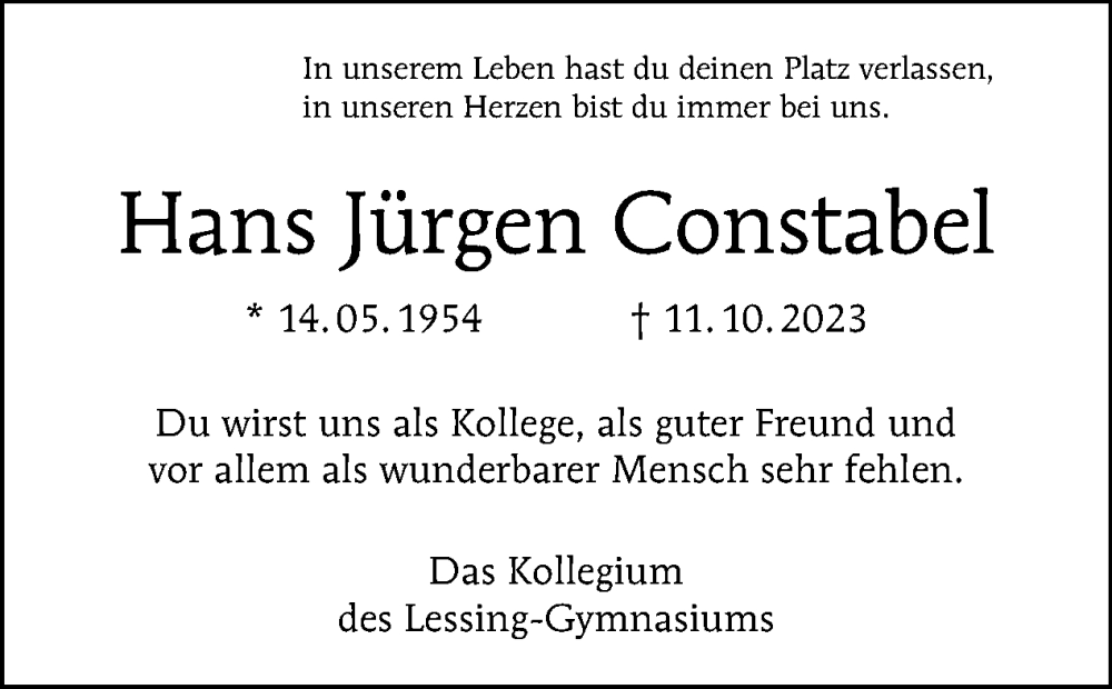  Traueranzeige für Hans Jürgen Constabel vom 15.10.2023 aus Tagesspiegel