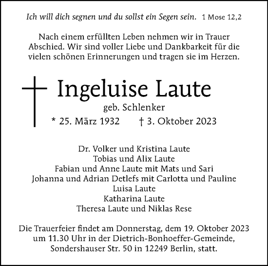 Traueranzeige von Ingeluise Laute von Tagesspiegel