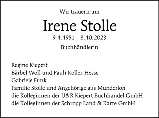 Traueranzeige von Irene Stolle von Tagesspiegel