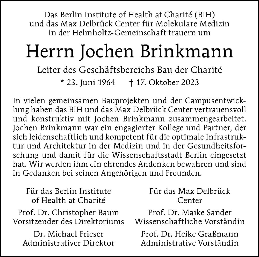  Traueranzeige für Jochen Brinkmann vom 29.10.2023 aus Tagesspiegel