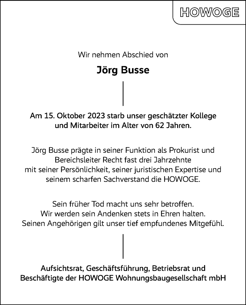  Traueranzeige für Jörg Busse vom 29.10.2023 aus Tagesspiegel
