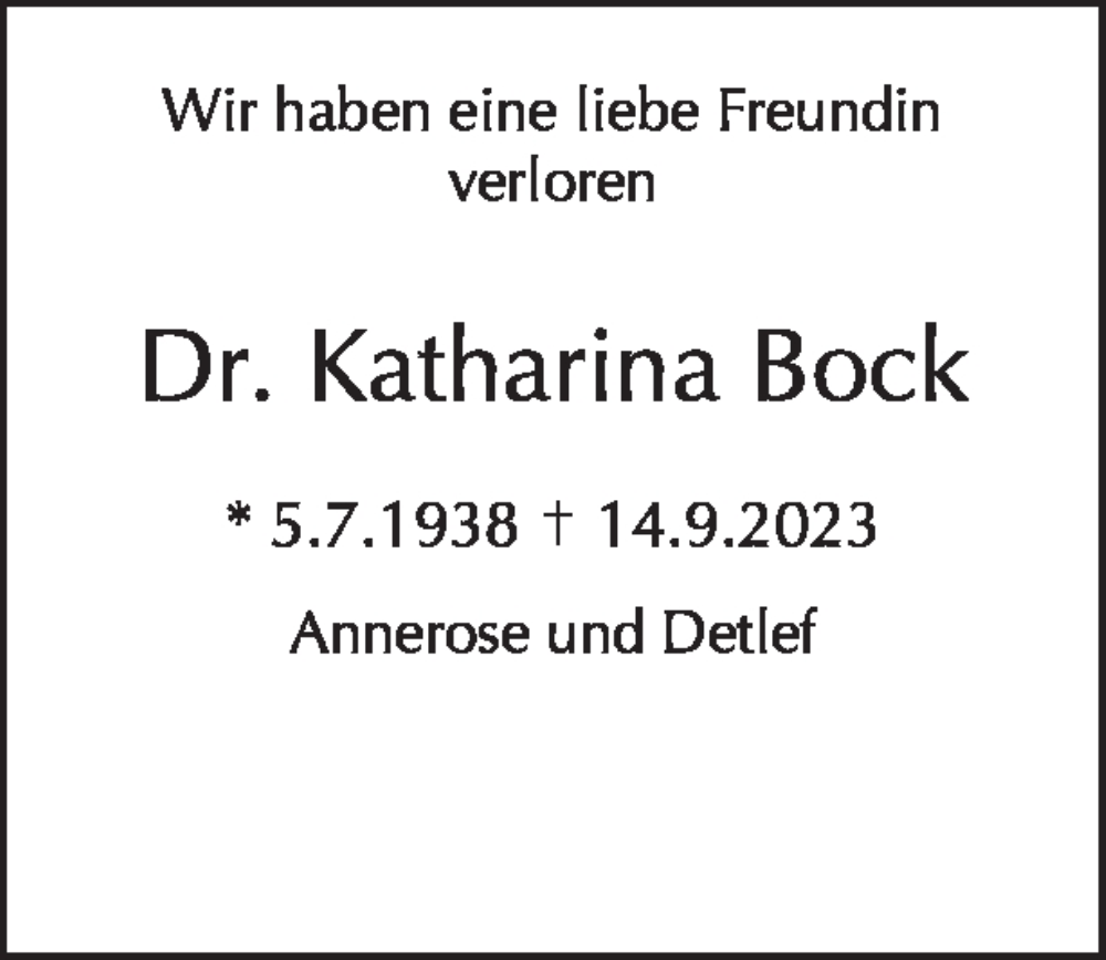  Traueranzeige für Katharina Bock vom 01.10.2023 aus Tagesspiegel