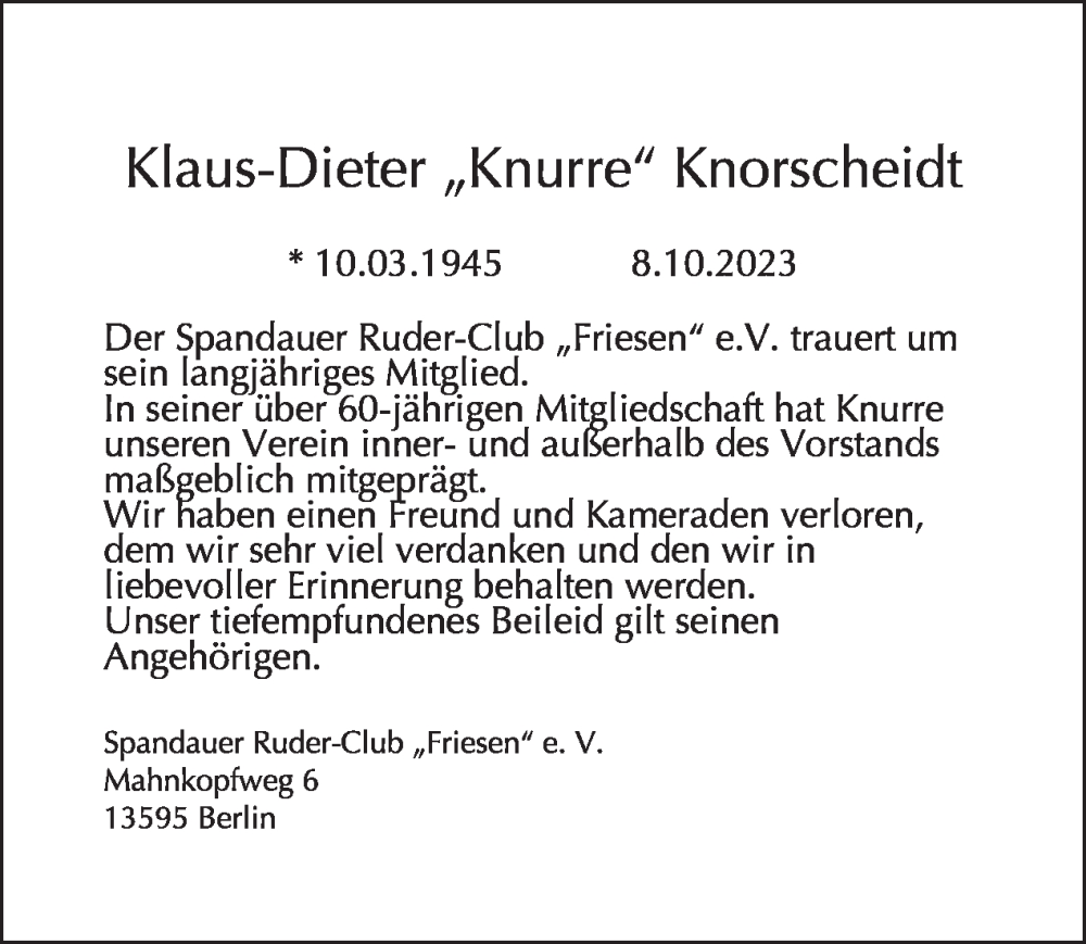  Traueranzeige für Klaus-Dieter Knorscheidt vom 22.10.2023 aus Tagesspiegel