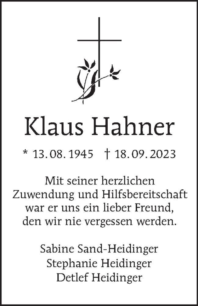  Traueranzeige für Klaus Hahner vom 01.10.2023 aus Tagesspiegel