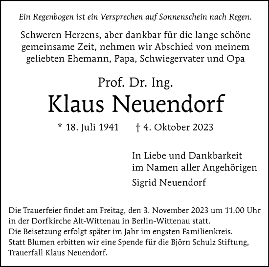 Traueranzeige von Klaus Neuendorf von Tagesspiegel