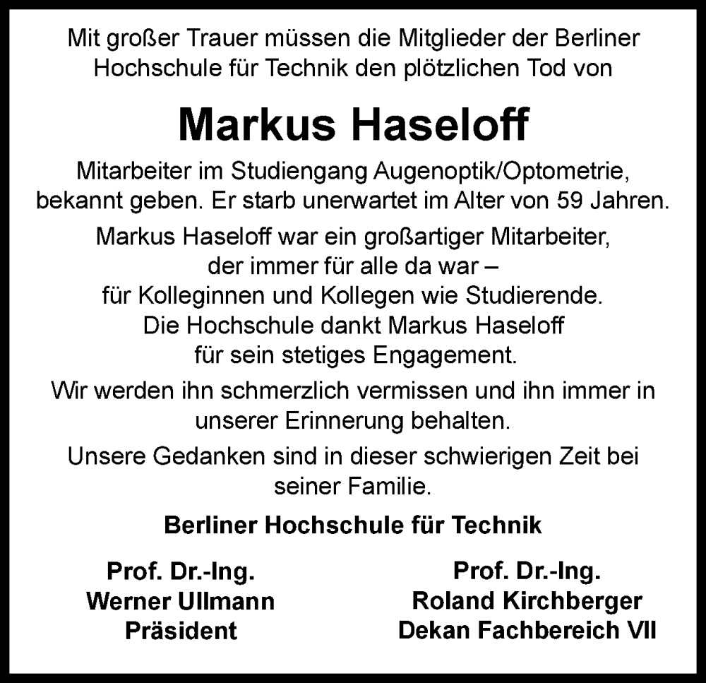  Traueranzeige für Markus Haseloff vom 01.10.2023 aus Tagesspiegel