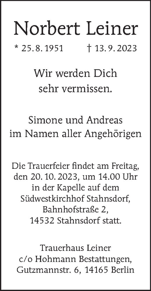 Traueranzeige von Norbert Leiner von Tagesspiegel