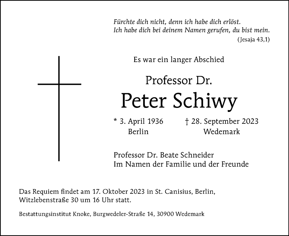  Traueranzeige für Peter Schiwy vom 08.10.2023 aus Tagesspiegel