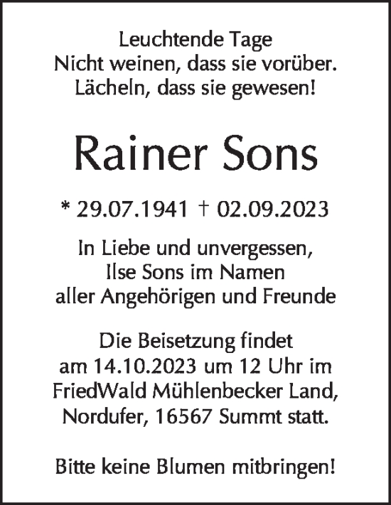 Traueranzeigen Von Rainer Sons | Tagesspiegel Trauer